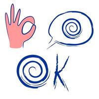 Simple Line Art Hand Gesture with Spiral OK Symbol and Speech Bubble vector