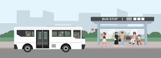 Bus stop with waiting passengers and bus vector