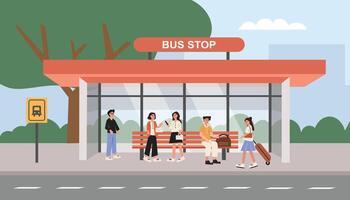 People at a bus stop with luggage vector