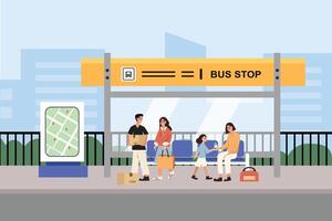 Family at a colorful bus stop vector