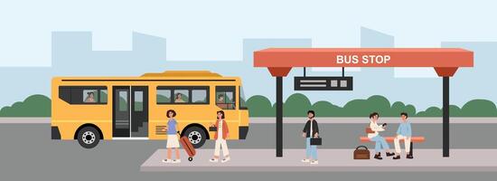 People waiting at a colorful bus stop vector