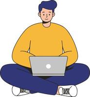 A man sitting on the floor with a laptop vector