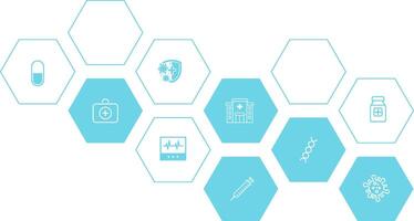 Abstract geometric health care background with hexagon shapes for medicine, science, chemistry. Medical background with flat icons and symbols vector