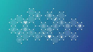 Medical background abstract with healthcare icon in hexagonal network pattern. Medical technology icons in blue hexagonal grid background vector