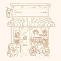 Vintage line drawing of flower shop facade with bicycle and hanging plants, quaint storefront for retail and garden themes vector