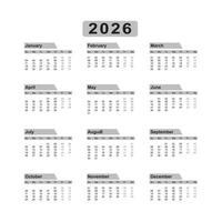 Annual calendar 2026 template. Calendar design in black and white color vector