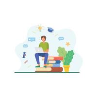 Education flat design illustration. A student is studying on a pile of books intelligently and proudly to pursue his dreams and career vector