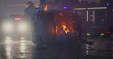 Firefighters fight the fire flame to control fire not to spreading out. Firefighter industrial and public safety concept. Traffic or car accident rescue and help action. video