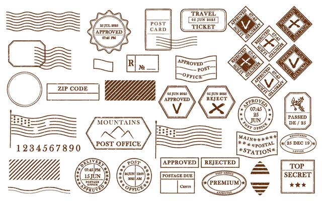 Blank brown postage rubber stamp. Mockup office stamp. Clean post postmark template. Vintage style sticker collection, travel destination mail, tourism, mountain, summer, sun theme illustration