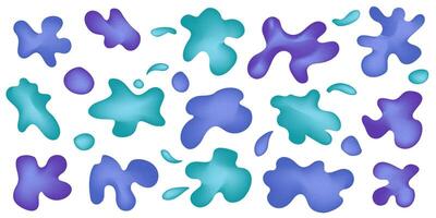 Set of organic irregular mesh blue gradient blob shapes with noise. Random deform water spot fluid circle Isolated on white background. Organic amoeba bright childish elements. illustration. vector