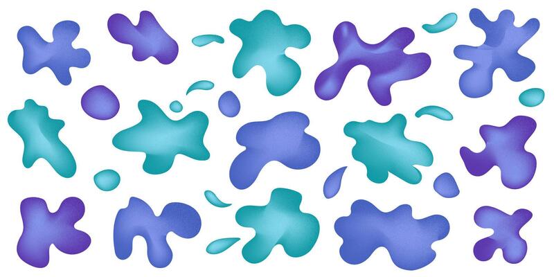 Set of organic irregular mesh blue gradient blob shapes with noise. Random deform water spot fluid circle Isolated on white background. Organic amoeba bright childish elements. illustration.