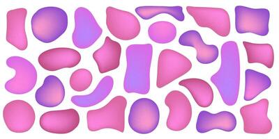 Set of organic irregular mesh pink gradient blob shapes with noise. Random deform spot fluid circle Isolated on white background. Organic amoeba bright childish elements. illustration. vector