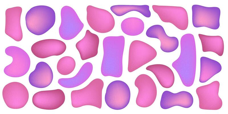 Set of organic irregular mesh pink gradient blob shapes with noise. Random deform spot fluid circle Isolated on white background. Organic amoeba bright childish elements. illustration.