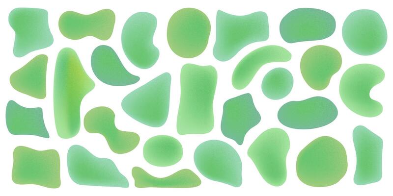 Set of organic irregular mesh green gradient blob shapes with noise. Random deform spot fluid circle Isolated on white background. Organic amoeba bright childish elements. illustration.