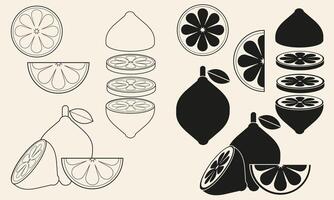 Stylized set of whole and sliced lemons in black fill and outline style. Perfect for food packaging, eco labels, branding, patterns, stickers, and modern culinary illustrations vector