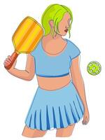 Illustration of woman pickleball player in blue dress holding paddle. Ideal for use in sports themed posters and promotional materials vector