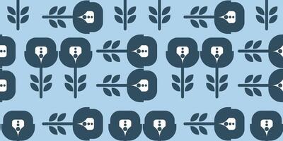 Seamless geometric silhouette flower pattern in vintage Scandinavian style on blue background vector