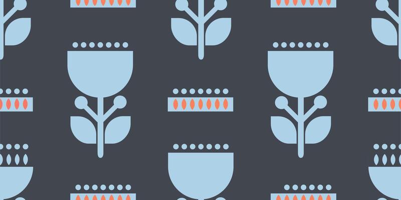 Stylized vintage pattern with seamless floral motifs and geometric shapes in blue colors. Ideal for textile design, wrapping paper, wall decor, and creative retro projects
