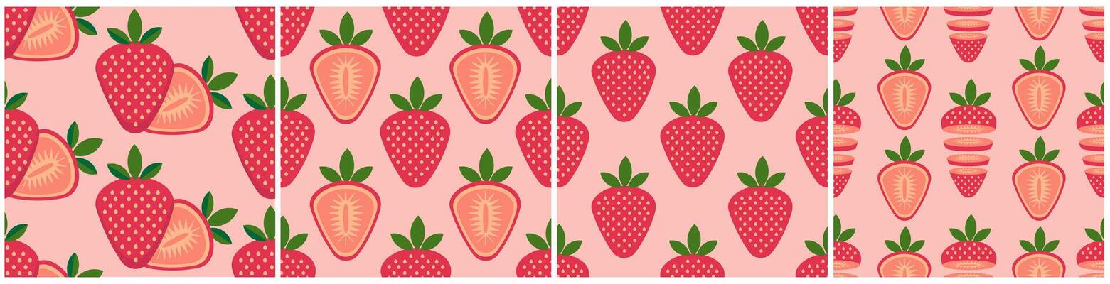 Strawberrys collection of seamless patterns in modern flat design. Perfect for packaging, textile prints, summer branding, wrapping paper, digital backgrounds