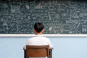 Student sitting alone facing blackboard full of complex math formulas, equations, geometry, science drawings in classroom photo