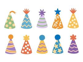 Cute colorful happy birthday hats set. vector