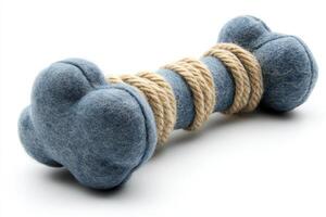 A blue felt bone toy with rope photo