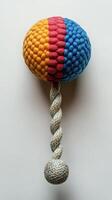 A colorful knitted ball with a rope attached to it photo