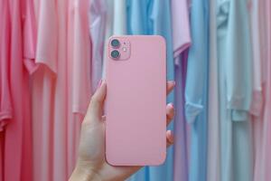 A person holding a pink iphone in front of a colorful background photo