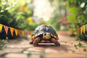 A turtle walking on a path with bunting flags photo