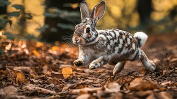 A rabbit running through the woods in the fall photo