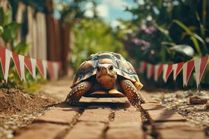 A tortoise is walking on a brick path photo