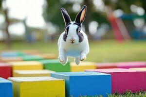 A rabbit jumping over colorful blocks. photo