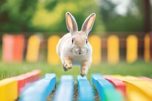 A rabbit jumping over a colorful obstacle course. photo