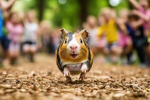 A guinea running in the woods with people in the background photo