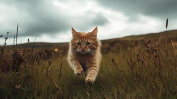 An orange cat running through a field. photo