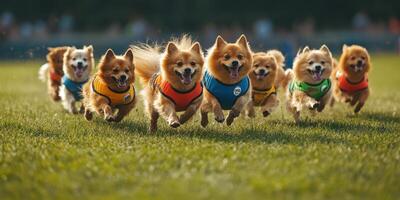 A group of small dogs running in a field. photo