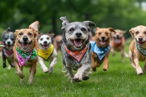 A group of a dogs running in a field. photo