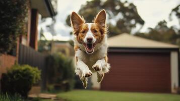 A dog jumping in the air in front of a house photo
