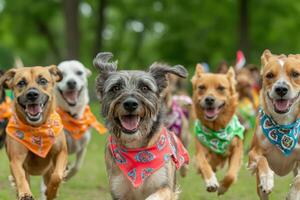 A group of a dogs running in a field photo