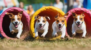 Four dogs running through colorful tubes. photo