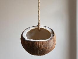 A coconut shell hanging from a rope. photo