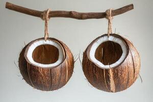 Two coconut shells hanging from a branch photo