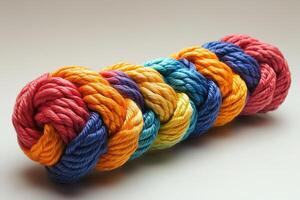 A colorful rope of yarn is shown on a white surface photo