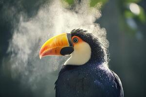 A toucan with a yellow beak and orange beak photo