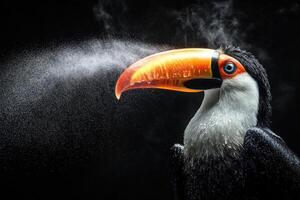 A toucan with a white beak and orange beak is blowing water photo