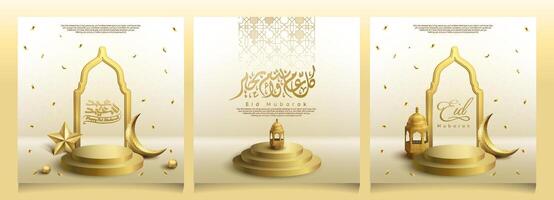 Eid Mubarak greeting background banner gold crescent star and lantern illustration vector