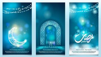 Ramadan Kareem Islamic background with glow arabic pattern and glow crescent moon for greeting vector