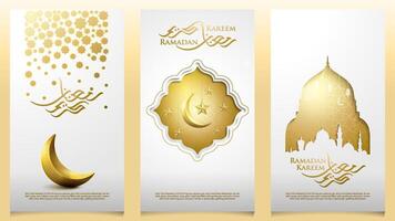 Ramadan Kareem greeting card arabic calligraphy and geometric crescent moon pattern and mosque illustration vector