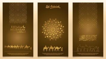Eid Mubarak islamic background arabic calligraphy with arabian and camel migrate for greeting card and banner vector