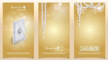 Islamic design Ramadan Kareem background holy quran and prayer bead illustration for greeting vector